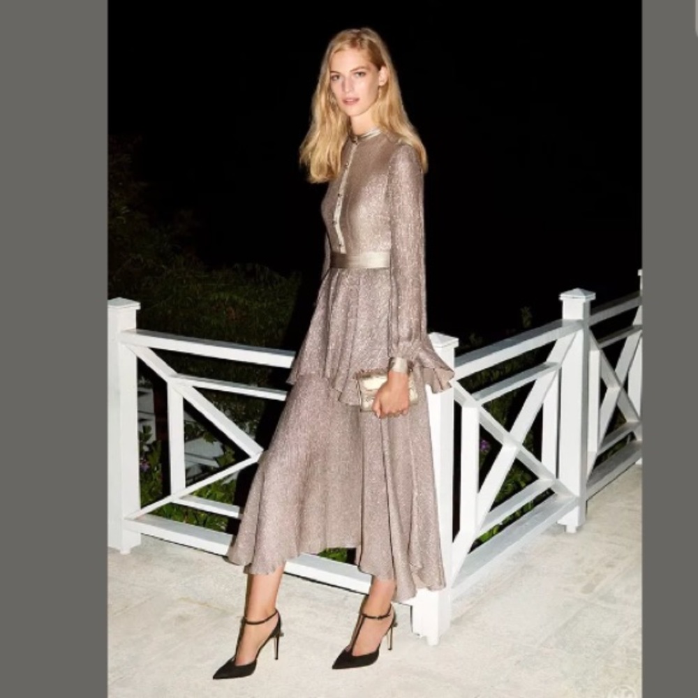 Tory Burch Caspian Peplum Metallic Midi Dress RARE
